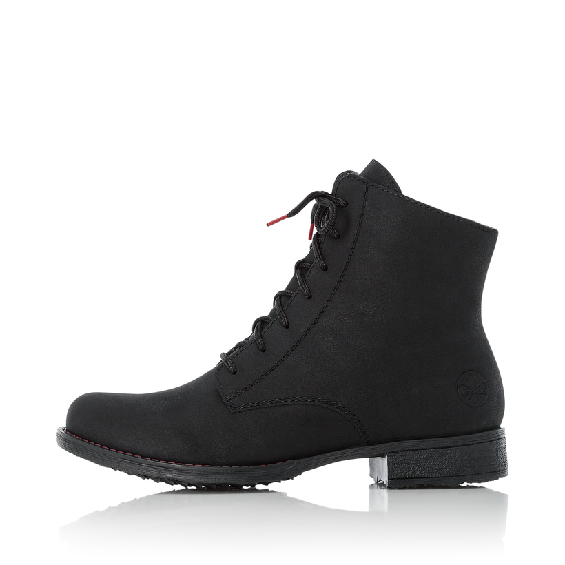 Graphitschwarze Rieker Damen Schnürstiefel 70821-00 mit Schnürung und Reißverschluss. Schuh Außenseite