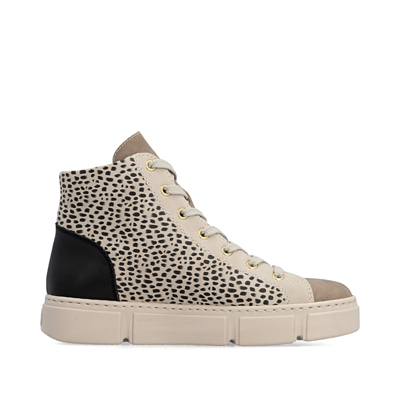 Baskets montantes Rieker beiges pour femme N5931-62 avec imprimé animal. Chaussure vue de l'arrière.