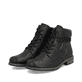 Asphaltschwarze Rieker Damen Schnürstiefel 71222-01 mit einem Reißverschluss. Schuhpaar seitlich schräg.