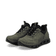 Dunkelgrün-schwarze Rieker Damen Sneaker Low M6058-54 mit einem Gummizug. Schuhpaar seitlich schräg.