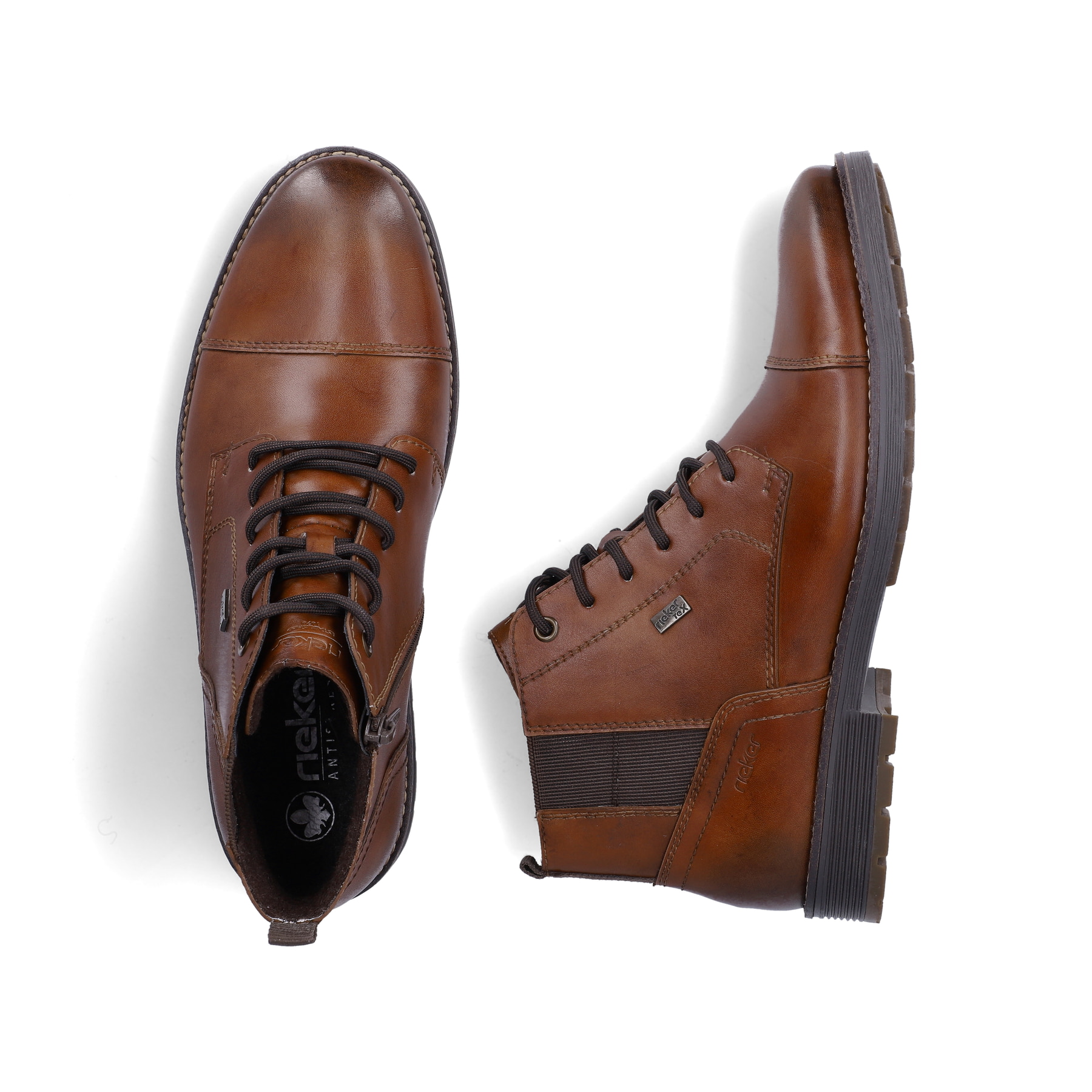 Braune Rieker Herren Schnürstiefel F4512-24 aus Glattleder. Schuh von oben, liegend.