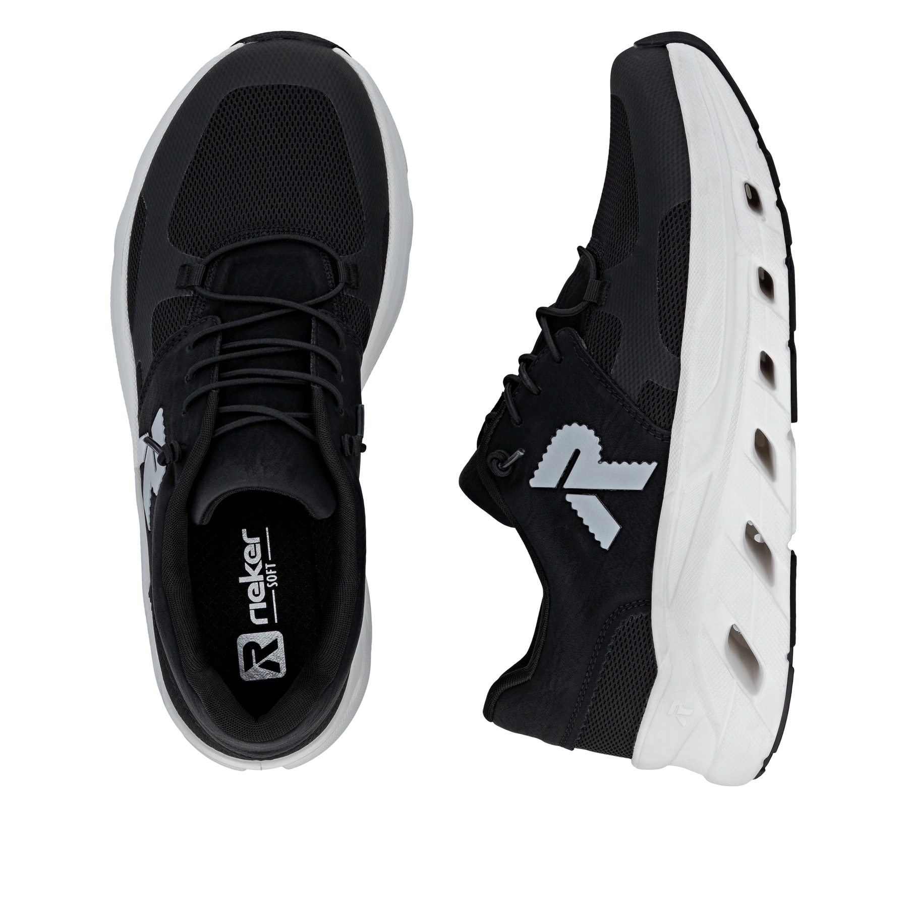 Schwarzweiße Rieker Herren Sneaker Low U3500-00 mit einer Schnürung. Schuh von oben, liegend.