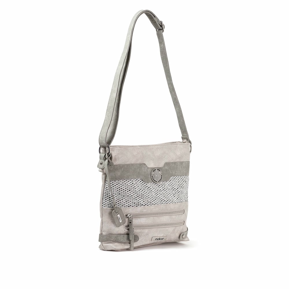 Sac à bandoulière Rieker H1346-40 gris-combi avec des pierres précieuses et des compartiments pratiques à l'intérieur et à l'extérieur. Côté gauche.