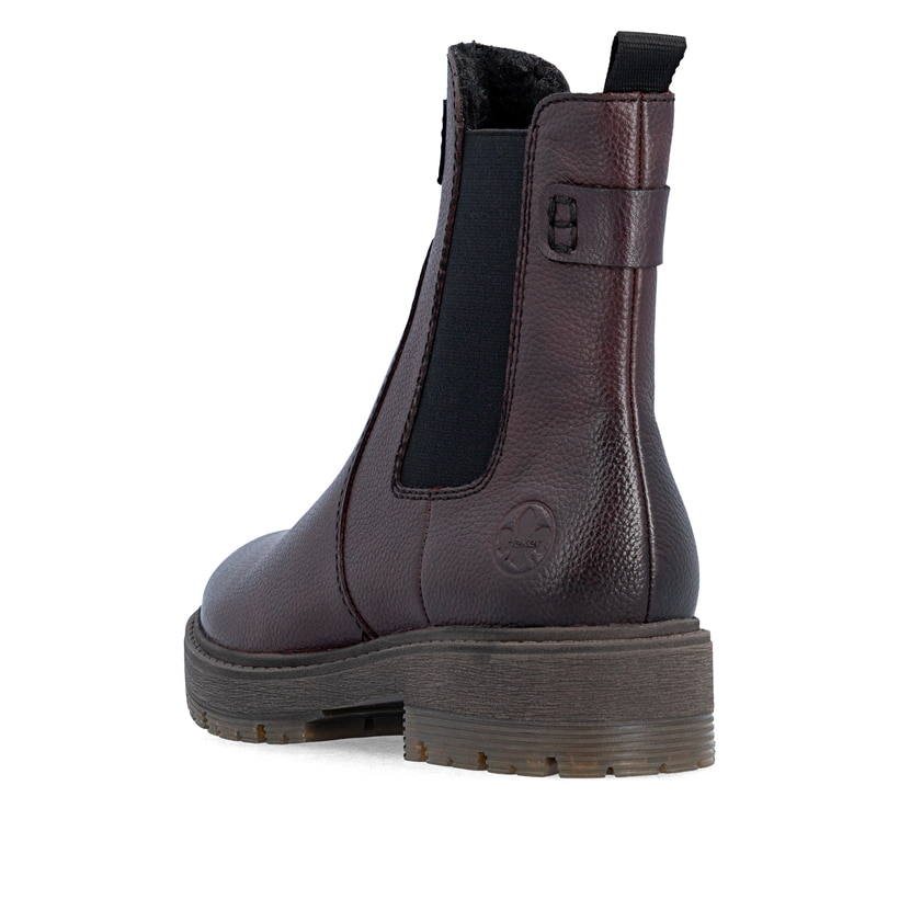 Dunkelrote Rieker Damen Chelsea Boots 75860-35 aus Glattleder mit Reißverschluss. Schuh von hinten.
