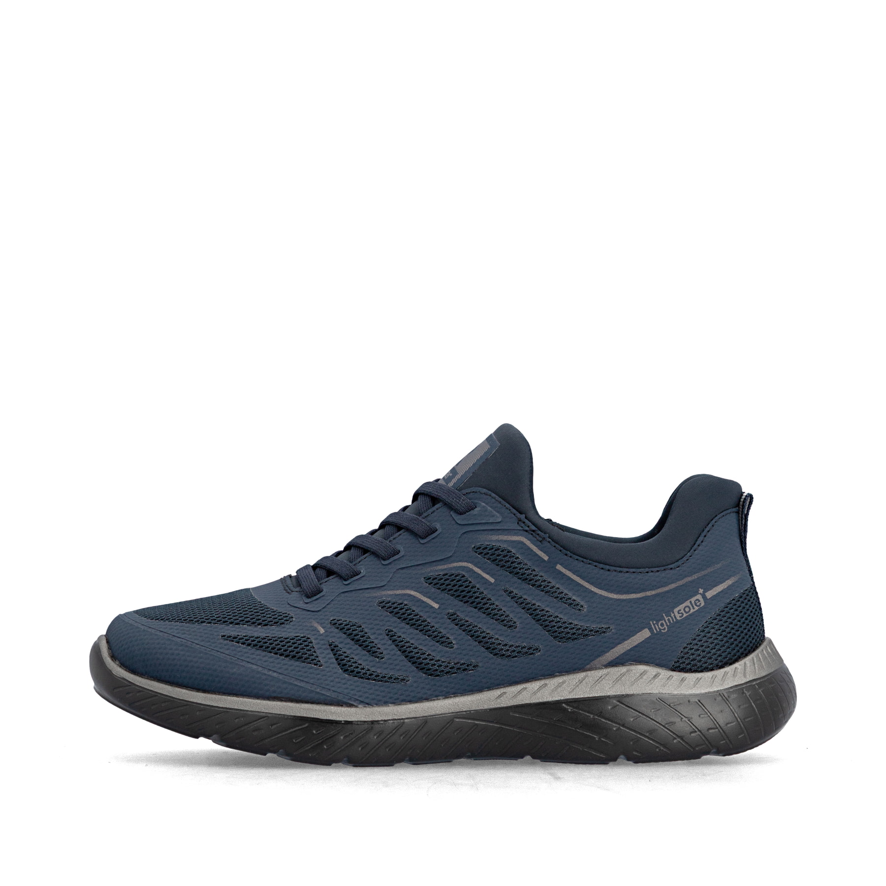 Vegane, dunkelblaue Rieker Damen Slipper M5080-14 mit einem Gummizug. Schuh Außenseite.