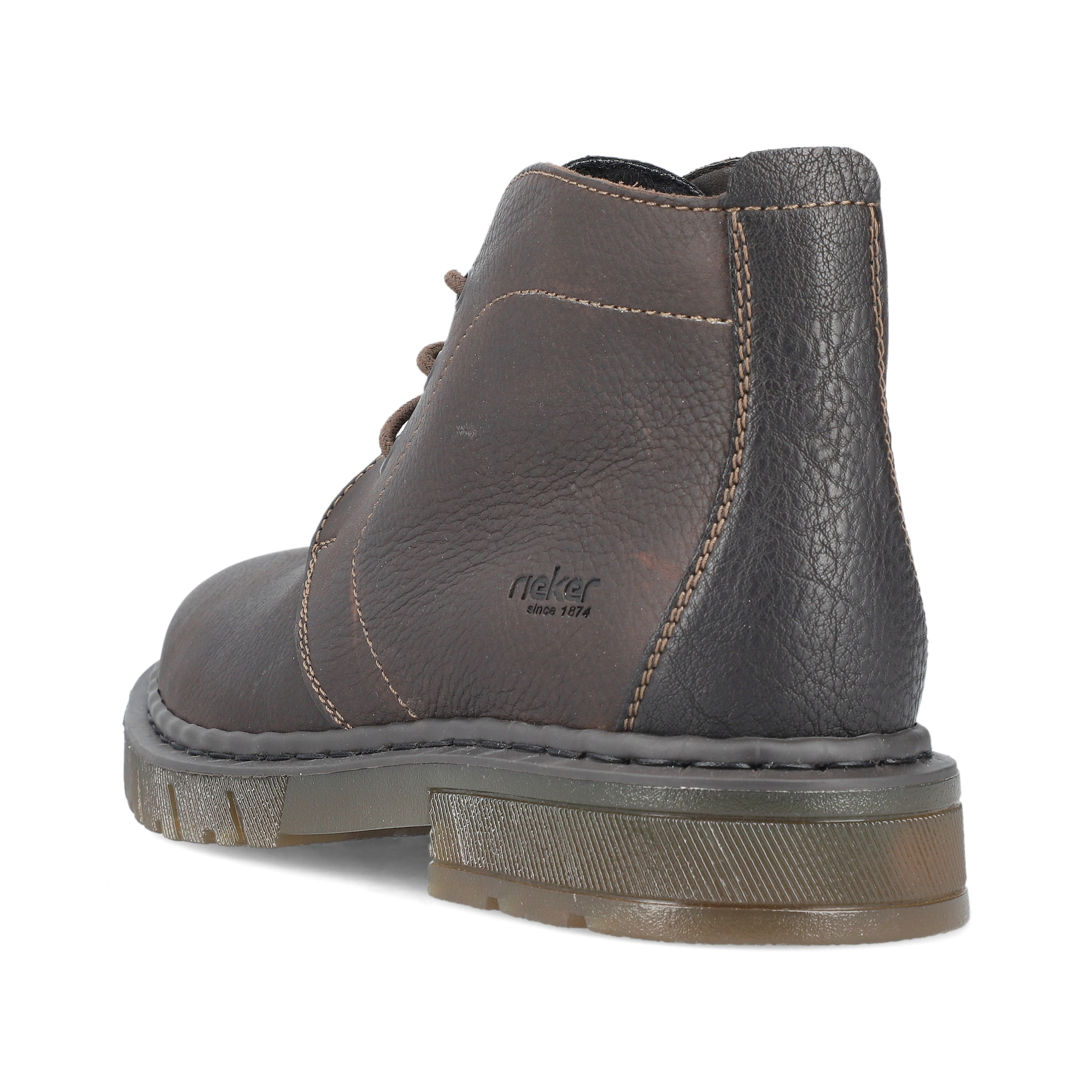 Dunkelbraune Rieker Herren Schnürstiefel 31640-25 mit einer robusten Profilsohle. Schuh von hinten