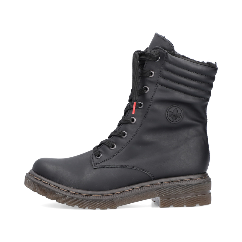 
Tiefschwarze Rieker Damen Schnürstiefel 78203-00 mit Schnürung und Reißverschluss. Schuh Außenseite