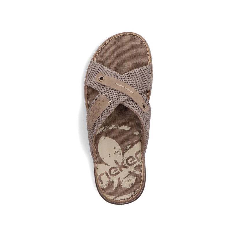 Beige Rieker Herren Pantoletten 21239-64 mit Komfortweite G sowie leichter Sohle. Schuh von oben.
