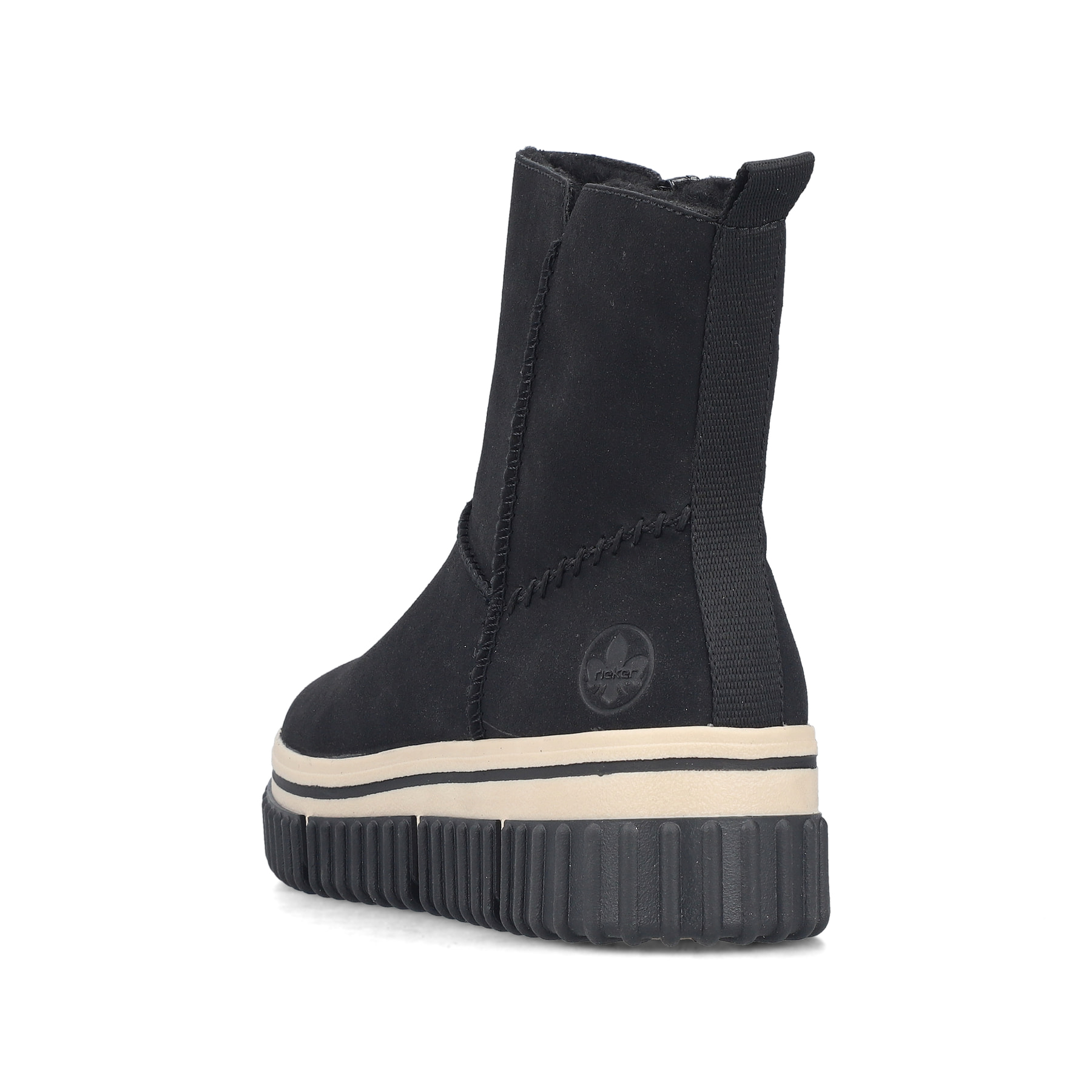 Schwarze Rieker Damen Kurzstiefel Y6364-00 mit einem Reißverschluss. Schuh von hinten.