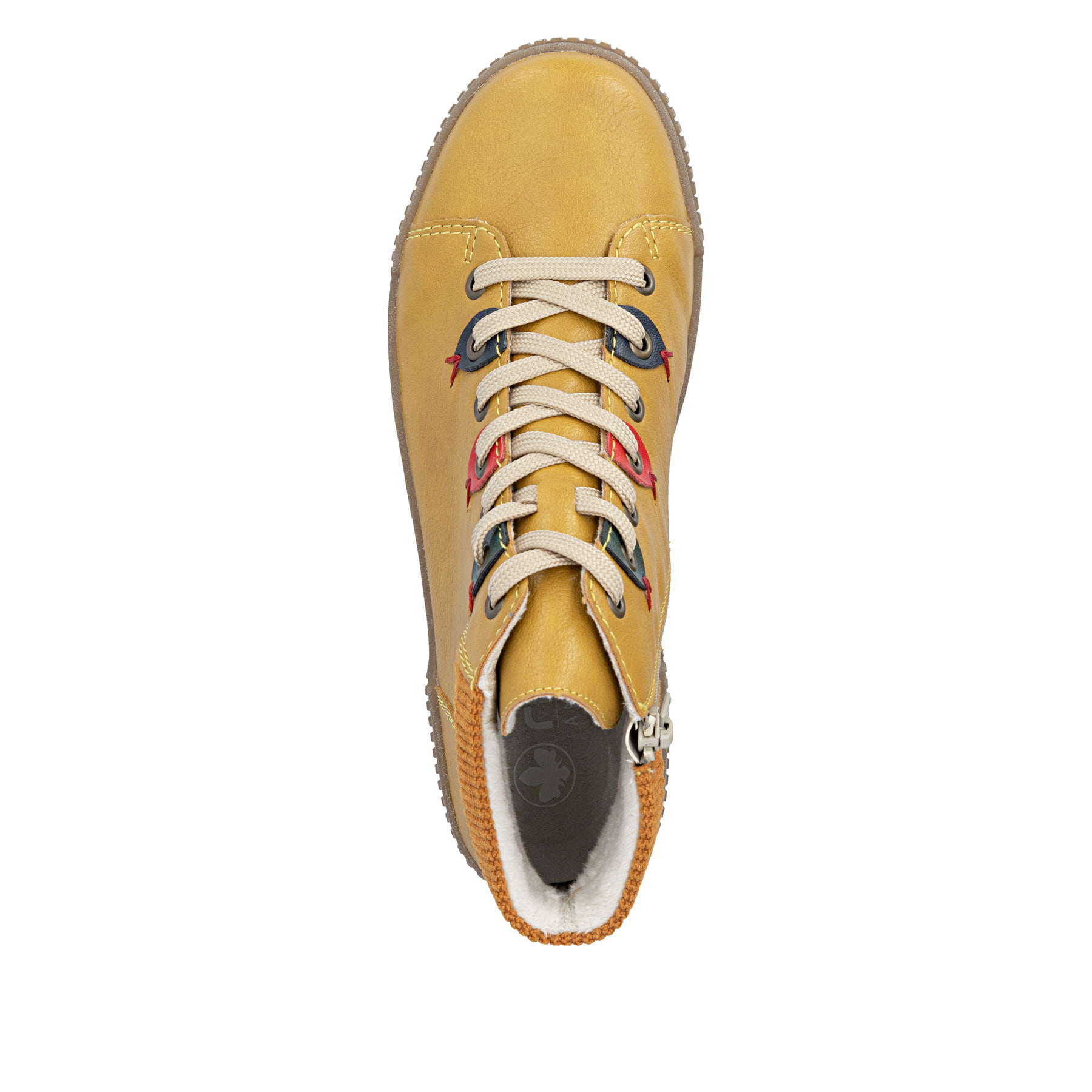 Ockerfarbene Rieker Damen Schnürstiefel N0711-68 mit farbenfrohen Details. Schuh von oben.