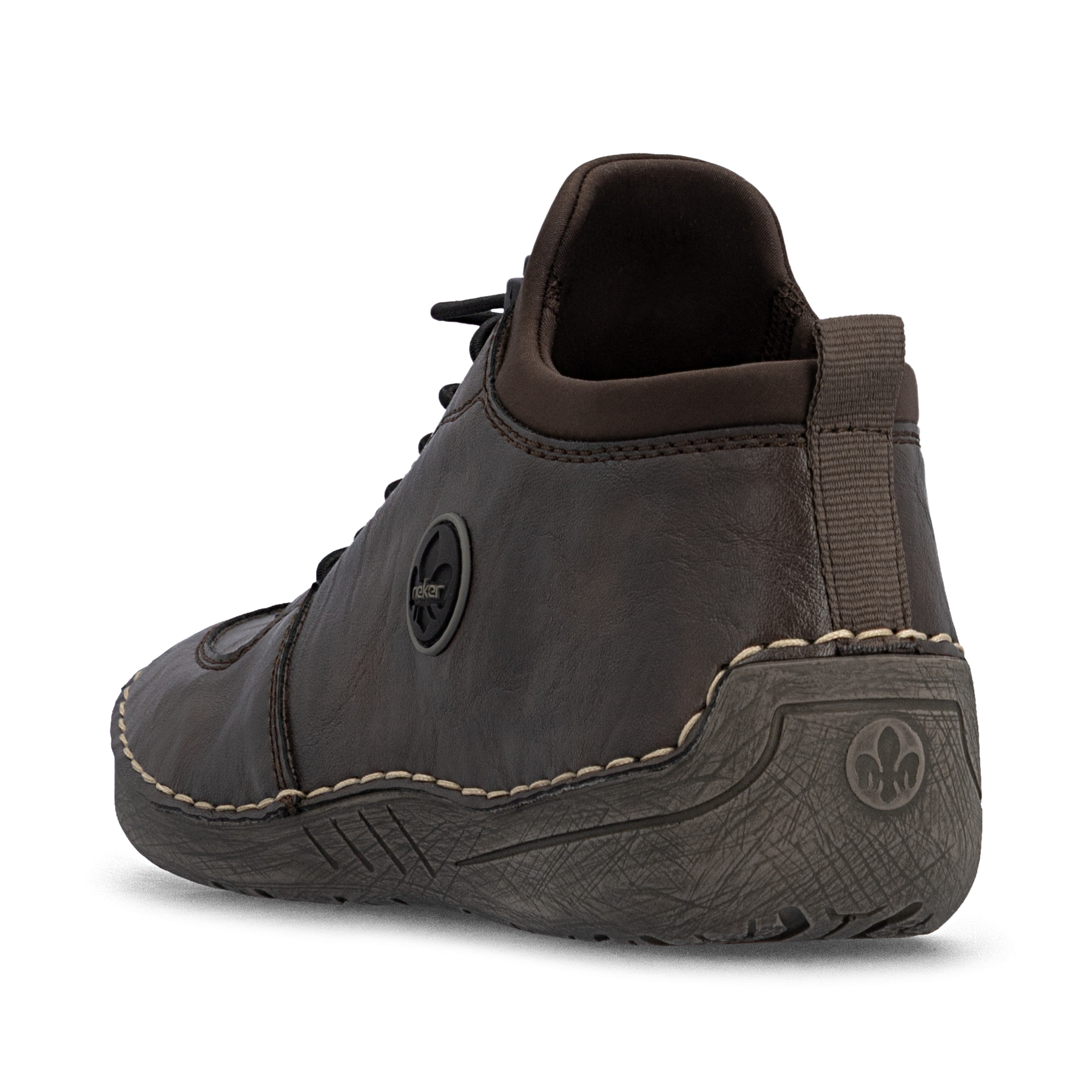 Dunkelbraune Rieker Damen Kurzstiefel 52557-25 mit einem Reißverschluss. Schuh von hinten.