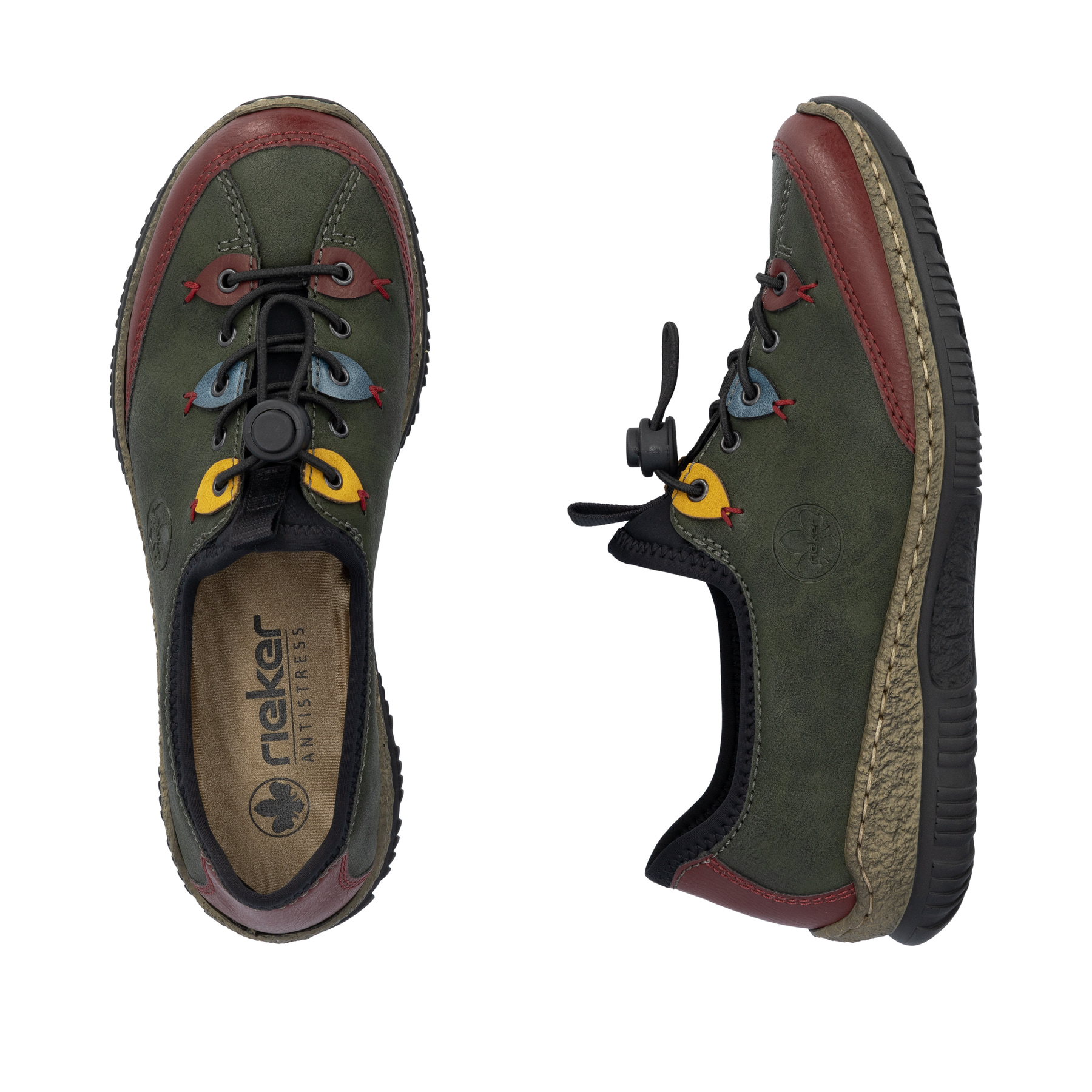 Dunkelgrüne Rieker Damen Slipper N3271-54 mit farbenfrohen Details. Schuh von oben, liegend.