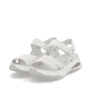 Beige vegane Rieker Damen Trekkingsandalen W3152-60 mit einem Klettverschluss. Schuhpaar seitlich schräg.