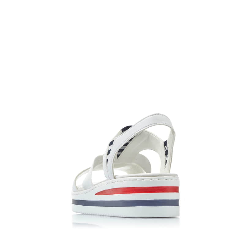Weiße Rieker Keilsandaletten V02Y5-80 mit Gummizug sowie schmaler Passform E 1/2. Schuh von hinten.