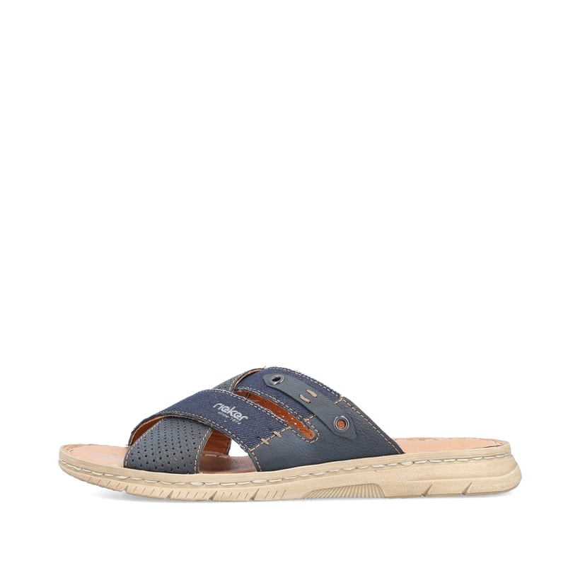 Blaue Rieker Herren Pantoletten 21384-14 mit der Komfortweite G. Schuh Außenseite.