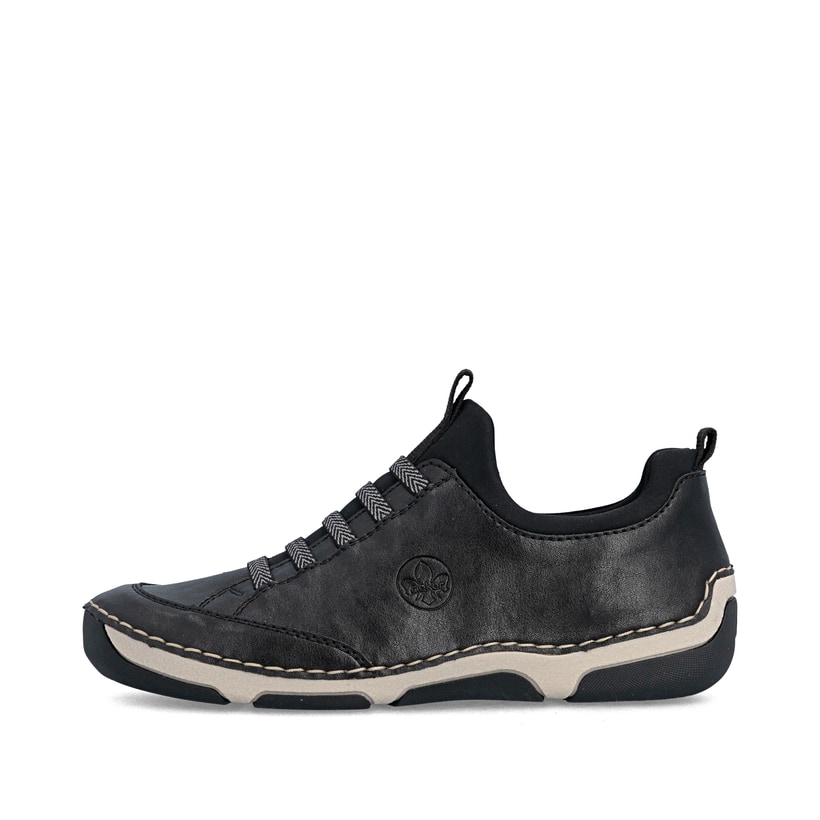 Schwarze Rieker Damen Slipper 55952-00 mit einem Gummizug. Schuh Außenseite.